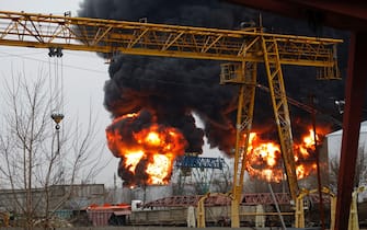 BELGOROD, RUSSIA - APRIL 1, 2022: Smoke rises over an oil depot hit by fire. According to the Belgorod City Administration, the fire was caused by an airstrike carried out by two helicopters of the Armed Forces of Ukraine that violated Russian airspace. Anton Vergun/TASS/Sipa USA