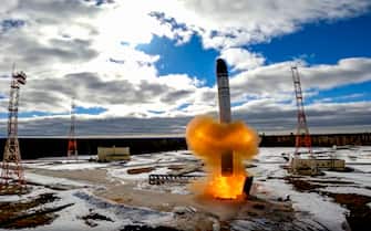 epa09899715 A handout still image taken from handout video made available by the Russian Defence ministry press-service shows launch of the Russian new intercontinental ballistic missile 'Sarmat' on Plesetsk Cosmodrome in Arkhangelsk region, (800 km north of Moscow), Russia, 20 April 2022. The 'Sarmat' missile has unique characteristics that allow it to reliably overcome any existing and future anti-missile defense systems. 'Thanks to the energy-mass characteristics of the missile, the range of its combat equipment has fundamentally expanded both in terms of the number of warheads and types, including planning hypersonic units,' said a statement from the Russian Defense ministry.  EPA/RUSSIAN DEFENCE MINISTRY PRESS SERVICE / HANDOUT  HANDOUT EDITORIAL USE ONLY/NO SALES