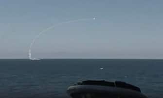 epa09772206 A handout still image taken from handout video made available by the Russian Defense ministry press-service shows Russian navy ship launches a domestic surface ship and submarine-launched anti-ship missile 3M54 Kalibr / Klub during the Russian strategic deterrence forces exercises in Russia, 19 February 2022. Russian President Vladimir Putin opens exercises of the Russian strategic deterrence forces with launches of the ballistic missiles.  Russian Navy ships of the Northern and Black Sea Fleets launched 'Kalibr' cruise missiles and 'Zirkon' hypersonic missiles at sea and ground targets during scheduled exercises of the strategic deterrence forces on Saturday.  The 'Yars' intercontinental ballistic missile was launched from Plesetsk at the Kura training ground.  EPA / RUSSIAN DEFENSE MINISTRY PRESS SERVICE / HANDOUT HANDOUT EDITORIAL USE ONLY / NO SALES