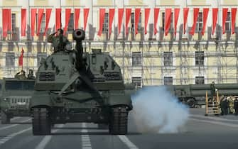 Russian military vehicles move on Dvortsovaya Square during a rehearsal for the Victory Day military parade in Saint Petersburg on April 28, 2022. - Russia will celebrate the 77th anniversary of the 1945 victory over Nazi Germany on May 9. (Photo by Olga MALTSEVA / AFP) (Photo by OLGA MALTSEVA/AFP via Getty Images)