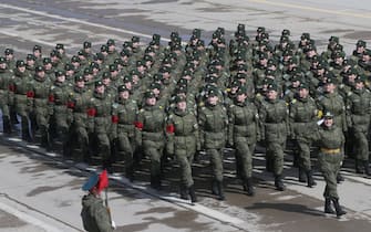 ALABINO, RUSSIA - ARRIL, 20 (RUSSIA OUT) Russian female participants of the Red Square Victory Day Military Parade march during the rehearsals at the polygon, April, 20,2022, in Alabino, outside of Moscow, Russia.  About 12 000 soldiers and officers are expected to take pat at the Red Square Victory Day Military Parade, planned on May, 9.  (Photo by Contributor / Getty Images)