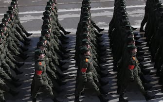 ALABINO, RUSSIA - ARRIL,20 (RUSSIA OUT) Russian female participants of the Red Square Victory Day Military Parade march during the rehearsals at the polygon, April,20,2022, in Alabino, outside of Moscow, Russia. About 12 000 soldiers and officers are expected to take pat at the Red Square Victory Day Military Parade, planned on May,9. (Photo by Contributor/Getty Images)