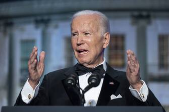 U.S. President Joe Biden speaks during the White House Correspondents' Association (WHCA) dinner in Washington, D.C., U.S., on Saturday, April 30, 2022. The annual dinner raises money for WHCA scholarships and honors the recipients of the organization's journalism awards. Photographer: Jim Lo Scalzo/EPA/Bloomberg via Getty Images