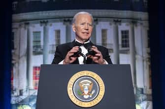 U.S. President Joe Biden speaks during the White House Correspondents' Association (WHCA) dinner in Washington, D.C., U.S., on Saturday, April 30, 2022. The annual dinner raises money for WHCA scholarships and honors the recipients of the organization's journalism awards. Photographer: Jim Lo Scalzo/EPA/Bloomberg via Getty Images