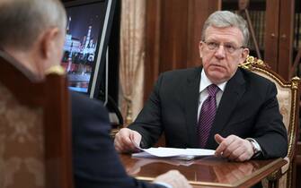 1231886616 Russian President Vladimir Putin meets with the Audit Chamber head Alexei Kudrin at the Kremlin in Moscow on March 23, 2021. (Photo by Alexey DRUZHININ / SPUTNIK / AFP) (Photo by ALEXEY DRUZHININ/SPUTNIK/AFP via Getty Images)