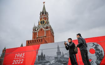 MOSCOW, RUSSIA - MAY 2, 2022: People are seen in Red Square decorated for Victory Day. Sergei Bobylev/TASS/Sipa USA