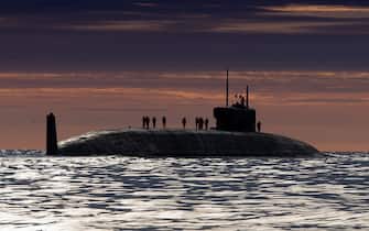 SEVERODVINSK, RUSSIA - MAY 30, 2021: The Project 955A (Borei A) nuclear-powered ballistic missile submarine Knyaz Oleg sets off on its first sea trial in the White Sea. Oleg Kuleshov/TASS/Sipa USA