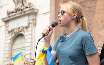Kateryna Prokopenko, wife of Denis Prokopenko, colonel and commander of the Azov battalion that is fighting in Mariupol, during demonstration organized by Ukrainian community in Rome (Photo by Matteo Nardone / Pacific Press / Sipa USA)