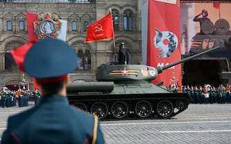 A Soviet era T-34 tank parades through Red Square during the general rehearsal of the Victory Day military parade in central Moscow on May 7, 2022. - Russia will celebrate the 77th anniversary of the 1945 victory over Nazi Germany on May 9. (Photo by Kirill KUDRYAVTSEV / AFP) (Photo by KIRILL KUDRYAVTSEV/AFP via Getty Images)