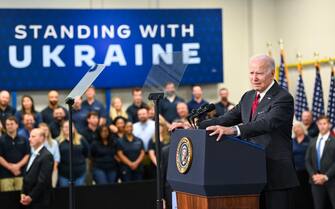 TROY, AL - MAY 03: U.S. President Joe Biden speaks to employees at Lockheed Martin, a facility which manufactures weapon systems such as Javelin anti-tank missiles, on May 3, 2022 in Troy, Alabama. The Biden-Harris Administration is providing these weapons to Ukraine to defend against the Russian invasion. (Photo by Julie Bennett/Getty Images)