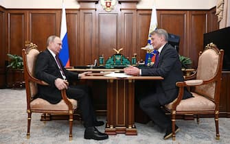 Russian President Vladimir Putin meets with Chief Executive of Sberbank German Gref at the Kremlin in Moscow on March 2, 2020. (Photo by Alexei Druzhinin / Sputnik / AFP) (Photo by ALEXEI DRUZHININ/Sputnik/AFP via Getty Images)