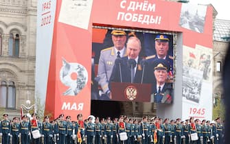 MOSCOW, RUSSIA - MAY 09: Russian President Vladimir Putin is seen on the screen as he delivers a speech during 77th anniversary of the Victory Day in Red Square in Moscow, Russia on May 09, 2022. The Victory parade take place on the Red Square on 09 May to commemorate the victory of the Soviet Union's Red Army over Nazi-Germany in WWII. (Photo by Sefa Karacan/Anadolu Agency via Getty Images)