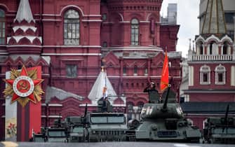 A Soviet era T-34 tank parades through Red Square during the Victory Day military parade in central Moscow on May 9, 2022. - Russia celebrates the 77th anniversary of the victory over Nazi Germany during World War II. (Photo by Alexander NEMENOV / AFP) (Photo by ALEXANDER NEMENOV/AFP via Getty Images)