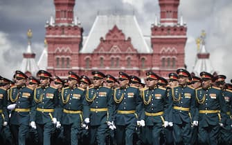 Russian servicemen march on Red Square during the Victory Day military parade in central Moscow on May 9, 2022. - Russia celebrates the 77th anniversary of the victory over Nazi Germany during World War II. (Photo by Alexander NEMENOV / AFP) (Photo by ALEXANDER NEMENOV/AFP via Getty Images)