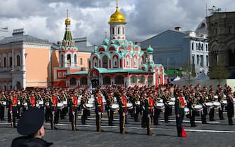Members of a military band attend the Victory Day military parade on Red Square in central Moscow on May 9, 2022. - Russia celebrates the 77th anniversary of the victory over Nazi Germany during World War II. (Photo by Kirill KUDRYAVTSEV / AFP) (Photo by KIRILL KUDRYAVTSEV/AFP via Getty Images)
