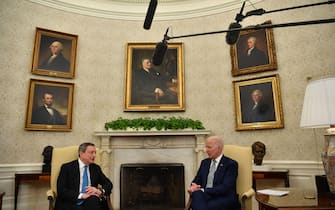 US President Joe Biden meets with Italian Prime Minister Mario Draghi in the Oval Office of the White House in Washington, DC, on May 10, 2022. (Photo by Nicholas Kamm / AFP) (Photo by NICHOLAS KAMM / AFP via Getty Images)