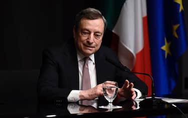 Italian Prime Minister Mario Draghi speaks during a press conference at the Italian Embassy in Washington, DC, on May 11, 2022. (Photo by OLIVIER DOULIERY / AFP) (Photo by OLIVIER DOULIERY/AFP via Getty Images)