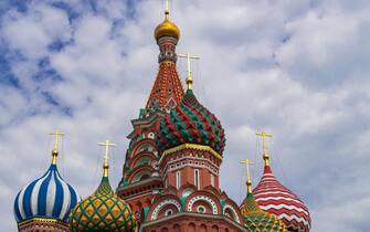 Saint Basil´s colorful domes, with white clouds background, Moscow, Russia