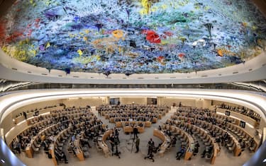 TOPSHOT - This picture shows a general view of the Room XX hosting a special session of the UN Human Rights Council on Ukraine, in Geneva on May 12, 2022. (Photo by Fabrice COFFRINI / AFP) (Photo by FABRICE COFFRINI/AFP via Getty Images)