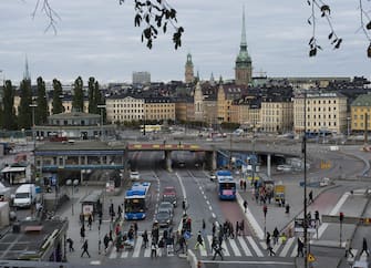 epa04450866 A general view showing the Slussen road and rail junction that carries all north-south traffic through Stockholm's city center, in Stockholm, Sweden, 17 October 2014. The new red-green majority in Stockholm City Hall said that they will shelf a multi- billion kronor plan to revamp the aging bottleneck.  EPA / JONAS EKSTROMER SWEDEN OUT