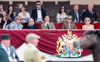 WINDSOR, ENGLAND - MAY 13: (2-L) Penelope Knatchbull, Countess Mountbatten of Burma, Queen Elizabeth II, Prince Edward, Earl of Wessex and Sophie, Countess of Wessex attend The Royal Windsor Horse Show at Home Park on May 13, 2022 in Windsor, England. The Royal Windsor Horse Show, which is said to be the Queen’s favourite annual event, takes place as Her Majesty celebrates 70 years of service. The 4-day event will include the “Gallop Through History” performance, which forms part of the official Platinum Jubilee celebrations. (Photo by Chris Jackson/Getty Images)