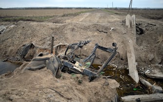 KYIV REGION, UKRAINE - APRIL 21, 2022 - The remains of vehicles are pictured near Bervytsia, a village liberated from Russian occupiers, Kyiv Region, northern Ukraine.