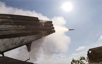 UKRAINE - MAY 7, 2022: A BM-21 Grad multiple launch rocket system delivers fire.  With tension escalating in Donbass in February, the Russian Armed Forces launched a special military operation in Ukraine in response to appeals for help from the Donetsk and Lugansk People's Republics.  Russian Defense Ministry / TASS / Sipa USA