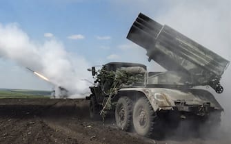 UKRAINE - MAY 7, 2022: A BM-21 Grad multiple launch rocket system delivers fire.  With tension escalating in Donbass in February, the Russian Armed Forces launched a special military operation in Ukraine in response to appeals for help from the Donetsk and Lugansk People's Republics.  Russian Defense Ministry / TASS / Sipa USA