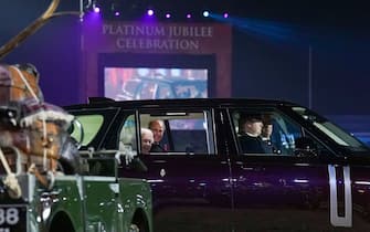 Britain's Queen Elizabeth II departs after attending the "A Gallop Through History" Platinum Jubilee celebration at the Royal Windsor Horse Show at Windsor Castle on May 15, 2022. (Photo by Steve Parsons / POOL / AFP) (Photo by STEVE PARSONS/POOL/AFP via Getty Images)