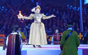 Dame Helen Mirren dressed as Queen Elizabeth I performs during the A Gallop Through History Platinum Jubilee celebration at the Royal Windsor Horse Show at Windsor Castle. Picture date: Sunday May 15, 2022. (Photo by Steve Parsons/PA Images via Getty Images)