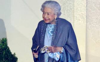 WINDSOR, UNITED KINGDOM - MAY 15: (EMBARGOED FOR PUBLICATION IN UK NEWSPAPERS UNTIL 24 HOURS AFTER CREATE DATE AND TIME) Queen Elizabeth II departs after attending the 'A Gallop Through History' performance, part of the official celebrations for Queen Elizabeth II's Platinum Jubilee during the Royal Windsor Horse Show at Home Park, Windsor Castle on May 15, 2022 in Windsor, England. The Royal Windsor Horse Show continued the Platinum Jubilee celebrations with the 'A Gallop Through History' event. Each evening, the Platinum Jubilee celebration saw over 500 horses and 1,000 performers create a 90-minute production that took the audience on a 'gallop through history' from Elizabeth I to the present day. (Photo by Max Mumby/Indigo/Getty Images)