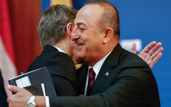 BERLIN, GERMANY - MAY 15: Antony Blinken, U.S. Secretary of State (L), left, welcomes Mevlut Cavusoglu, Foreign Minister of Turkey, at the beginning of an informal meeting of NATO members states foreign ministers on May 15, 2022 in Berlin, Germany. The ongoing Russian war in Ukraine is dominating the meeting. Top diplomats from Sweden and Finland, two countries that will very likely apply for NATO membership, are also attending the two day gathering. (Photo by Hannibal Hanschke-Pool/Getty Images)