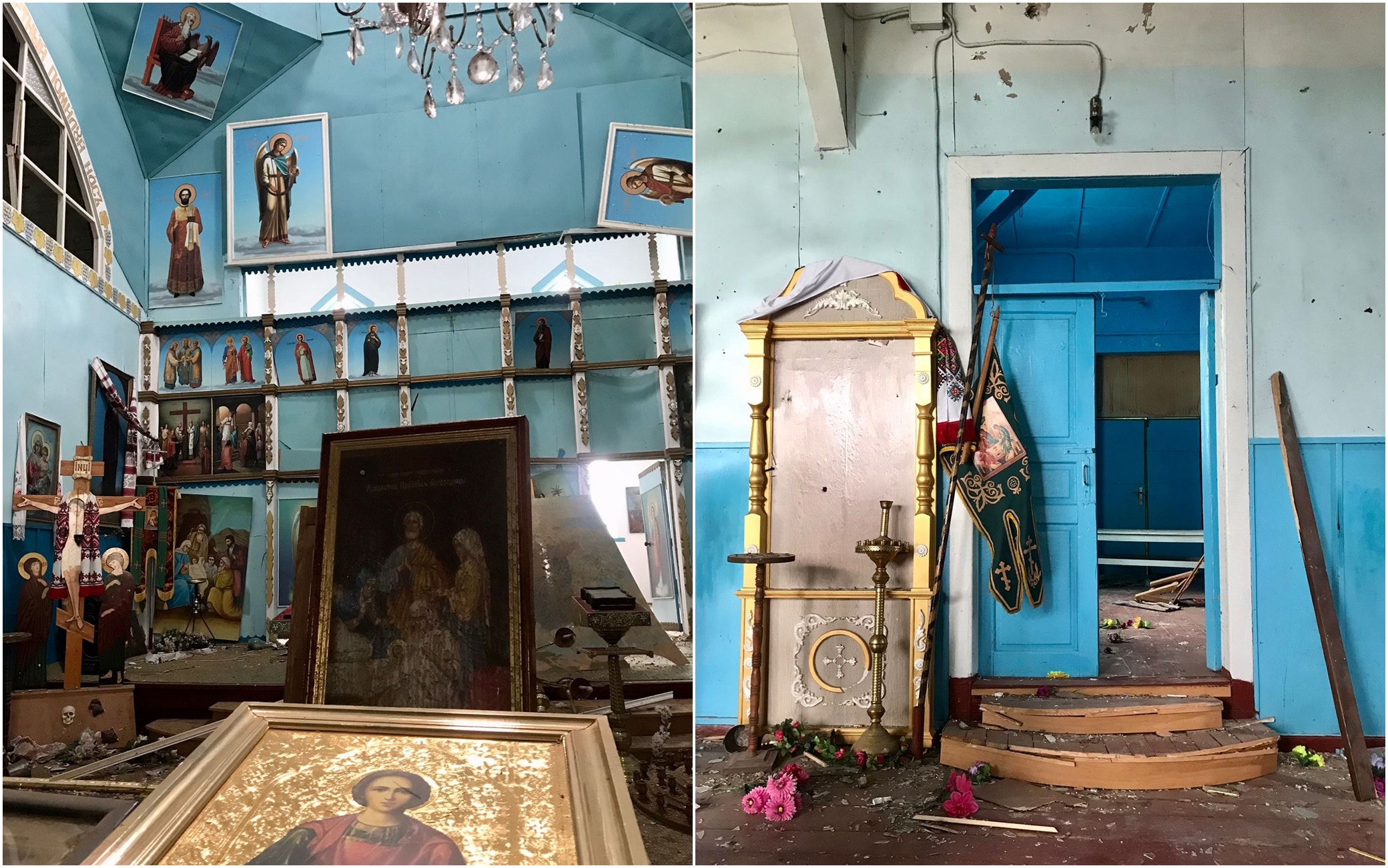 La chiesa distrutta nel villaggio di Peremoha, in Ucraina