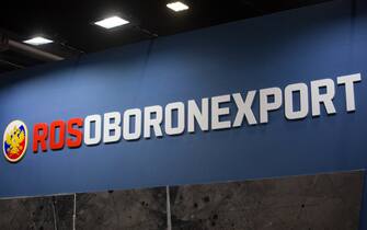 DEFENSE & SECURITY FAIR, BANGKOK, THAILAND - 2017/11/06: The ROSOboronexport logo from the Russian company seen at the Defense & Security Fair. The Defense & Security Fair is the 8th biennial edition and will be held from 06 to 09 November 2017 in Impact Exhibition & Convention Center. (Photo by Geem Drake/SOPA Images/LightRocket via Getty Images)