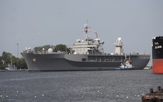 Gdynia, Poland 12th, July 2016 US Navy Ship USS Mount Whitney (LCC-20), a Blue Ridge class command ship,  visits the port of Gdynia for a routine port visit. The vessel with its 300 crew members took part in the international military exercise  BALTOPS16 in the Baltic Sea as a command ship.  During the visit to Gdynia the crew will take part in a series of community events and will play in a soccer match with representatives of the Polish Navy. (Photo by Michal Fludra/NurPhoto via Getty Images)