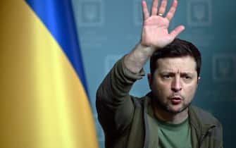 TOPSHOT - Ukrainian President Volodymyr Zelensky gestures as he speaks during a press conference in Kyiv on March 3, 2022. - Ukraine President Volodymyr Zelensky called on the West on March 3, 2022, to increase military aid to Ukraine, saying Russia would advance on the rest of Europe otherwise.  "If you do not have the power to close the skies, then give me planes!"  Zelensky said at a press conference.  "If we are no more then, God forbid, Latvia, Lithuania, Estonia will be next," he said, adding: "Believe me."  (Photo by Sergei SUPINSKY / AFP) (Photo by SERGEI SUPINSKY / AFP via Getty Images)
