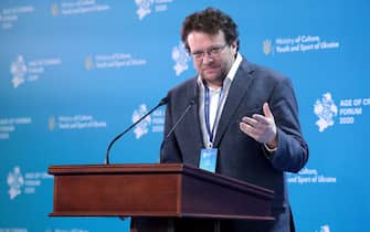 KYIV, UKRAINE - FEBRUARY 26, 2020 - Visiting Senior Fellow at the Institute of Global Affairs at the London School of Economics Peter Pomerantsev delivers a speech during the Age of Crimea 2020 Forum held on the Day of Crimean Resistance to Russian Occupation at the NSC Olimpiyskiy , Kyiv, capital of Ukraine.  - PHOTOGRAPH BY Ukrinform / Future Publishing (Photo credit should read Hennadii Minchenko / Ukrinform / Future Publishing via Getty Images)