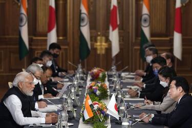 Fumio Kishida, Japan's prime minister, right, and Narendra Modi, India's prime minister, attend their bilateral meeting in Tokyo, Japan, on Tuesday, May 24, 2022. The two leaders met on the sidelines of the Quadrilateral Security Dialogue (Quad), the four-nation security alliance with US and Australia.Â Photographer: Franck Robichon/EPA/Bloomberg via Getty Images
