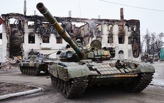 UGLEGORSK, UKRAINE - FEBRUARY 7: Pro-Russian rebels regained control of Uglegorsk on the frontline near Debaltseve after eight days of fierce fightings. Pro-Russian rebels seize Ukrainian armored vehicles. (Photo by Pierre Crom/Getty Images)