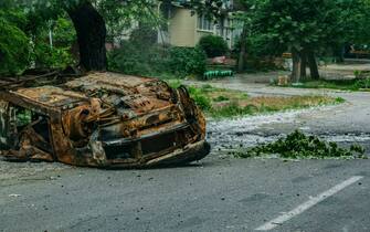 A burnt car seen on the street. Severodonetsk, the largest city under Ukrainian control in Luhansk province, has come under intense artillery and missile strikes from Russian army. The city is almost completely isolated from the rest of the region.