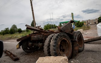A wreckage of a car seen in Severodoonetsk. Severodoonetsk is the last biggest city in Luhans’ka Oblast’ held by Ukrainians, as Russian troops launching the offensive from multiple directions, hoping to cut off Ukrainian supplies and reinforcements and siege the city.