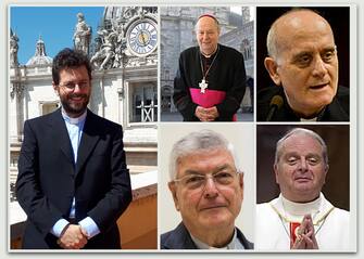 In una combo i cinque i nuovi cardinali italiani che papa Francesco creerà nel Concistori annunciato per il prossimo concistoro: Giorgio Marengo (in piedi), (S-D, sopra) Oscar Cantoni, e Fortunato Frezza; (S-D, sotto) Gianfranco Ghirlanda e Arrigo Miglio. ANSA ++HO - NO SALES EDITORIAL USE ONLY++