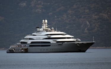 MUGLA, TURKEY - MAY 23 : Russian businessman Victor Rashnikov's 140 meters long mega yacht, named "Ocean Victory" is seen around Bodrum district of Mugla, Turkey on May 23, 2018. Six storey yacht carries a helicopter on its top. (Photo by Ali Balli/Anadolu Agency/Getty Images)