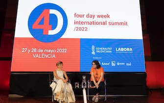 VALENCIA VALENCIAN COMMUNITY, SPAIN - MAY 27: The Second Vice President and Minister of Labor and Social Economy, Yolanda Diaz (l) and the Vice President and Minister of Inclusive Policies of the Generalitat, Monica Oltra (r), close the 4-Day Week International Summit, at the Petxina Sports-Cultural Center, on 27 May, 2022 in Valencia, Valencian Community, Spain. For two days, experts and political and union leaders address and analyze the implementation of the 4-day or 32-hour working week. (Photo By Jorge Gil/Europa Press via Getty Images)