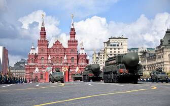 Russian Yars intercontinental ballistic missile launchers parade through Red Square during the Victory Day military parade in central Moscow on May 9, 2022. - Russia celebrates the 77th anniversary of the victory over Nazi Germany during World War II. (Photo by Alexander NEMENOV / AFP) (Photo by ALEXANDER NEMENOV/AFP via Getty Images)