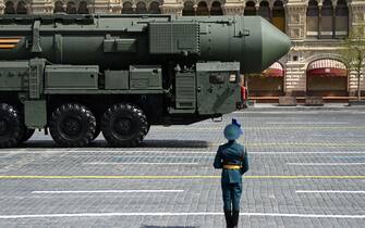 TOPSHOT - A Russian Yars intercontinental ballistic missile launcher parades through Red Square during the Victory Day military parade in central Moscow on May 9, 2022. - Russia celebrates the 77th anniversary of the victory over Nazi Germany during World War II. (Photo by Kirill KUDRYAVTSEV / AFP) (Photo by KIRILL KUDRYAVTSEV/AFP via Getty Images)