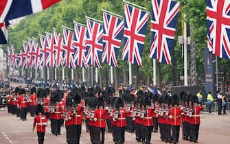 The Queen's guards march during the Platinum Jubilee Pageant in front of Buckingham Palace, London, on day four of the Platinum Jubilee celebrations. Picture date: Sunday June 5, 2022. (Photo by Yui Mok/PA Images via Getty Images)