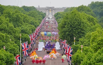 Performers are seen during the Platinum Jubilee Pageant in front of Buckingham Palace, London, on day four of the Platinum Jubilee celebrations. Picture date: Sunday June 5, 2022. (Photo by Dominic Lipinski/PA Images via Getty Images)