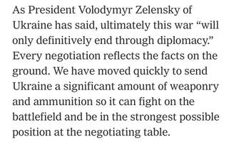 “Come ha detto Volodymyr Zelensky, questa guerra finirà definitivamente solo con la diplomazia. Ogni negoziato riflette i fatti sul campo" così Biden sul New York Times