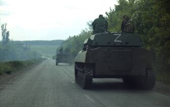 YASYNUVATA, DONETSK OBLAST, UKRAINE - MAY 28:   Military vehicles of the DPR army are seen in Yasynuvata, Donetsk Oblast, Ukraine on May 28, 2022. (Photo by Leon Klein/Anadolu Agency via Getty Images)